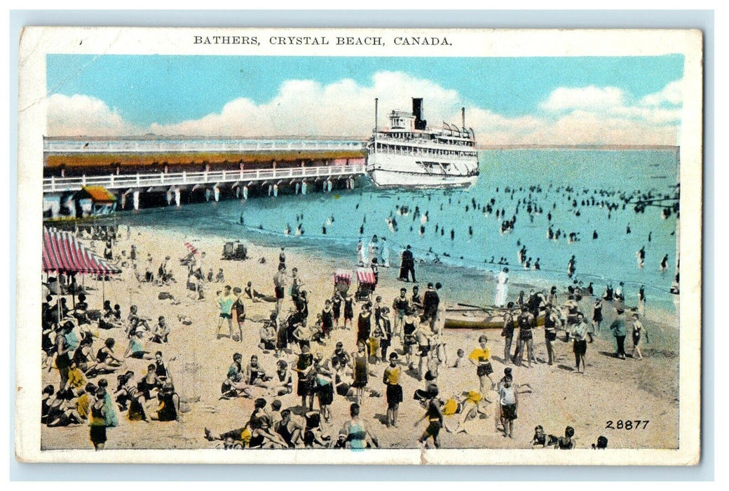 c1920's Scene Bathers At Crystal Beach Canada, Steamer Ship Postcard