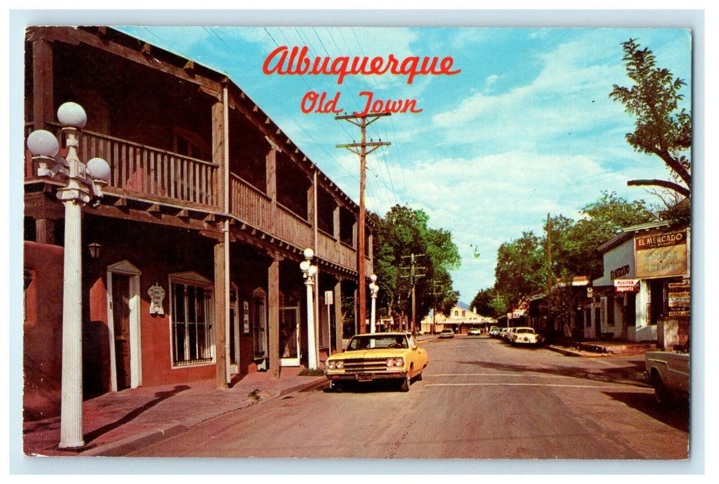 1967 Albuquerque New Mexico NM, Old Town Plaza Car Red Mountain Vintage Postcard