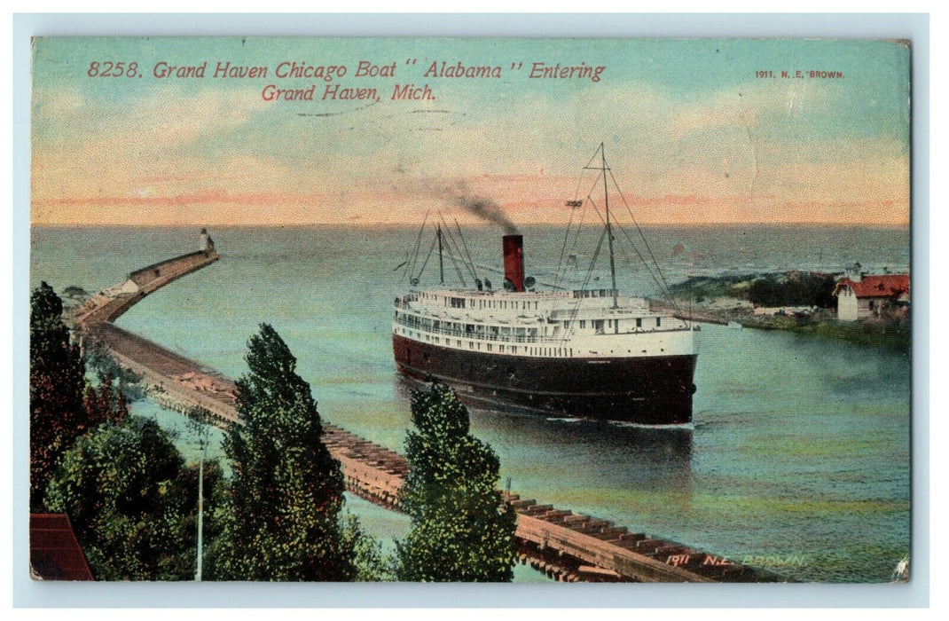 1911 Entering Grand Haven Michigan Chicago Boat Alabama MI Antique Postcard