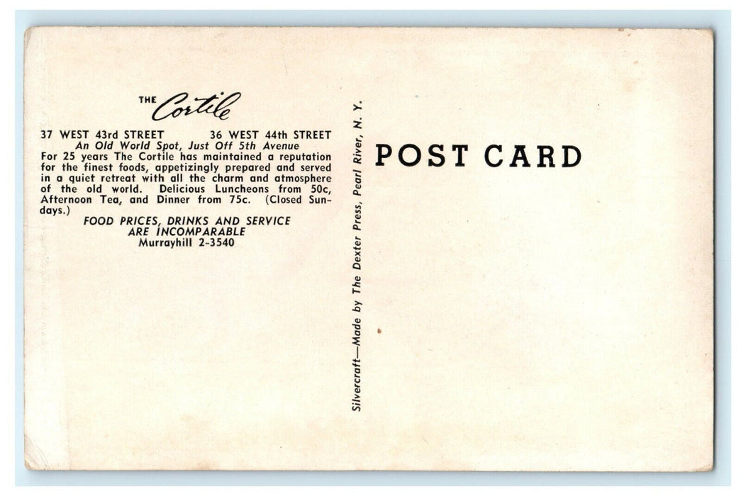 The Cortile Restaurant West 43rd Street An Old World Spot New York NY Postcard