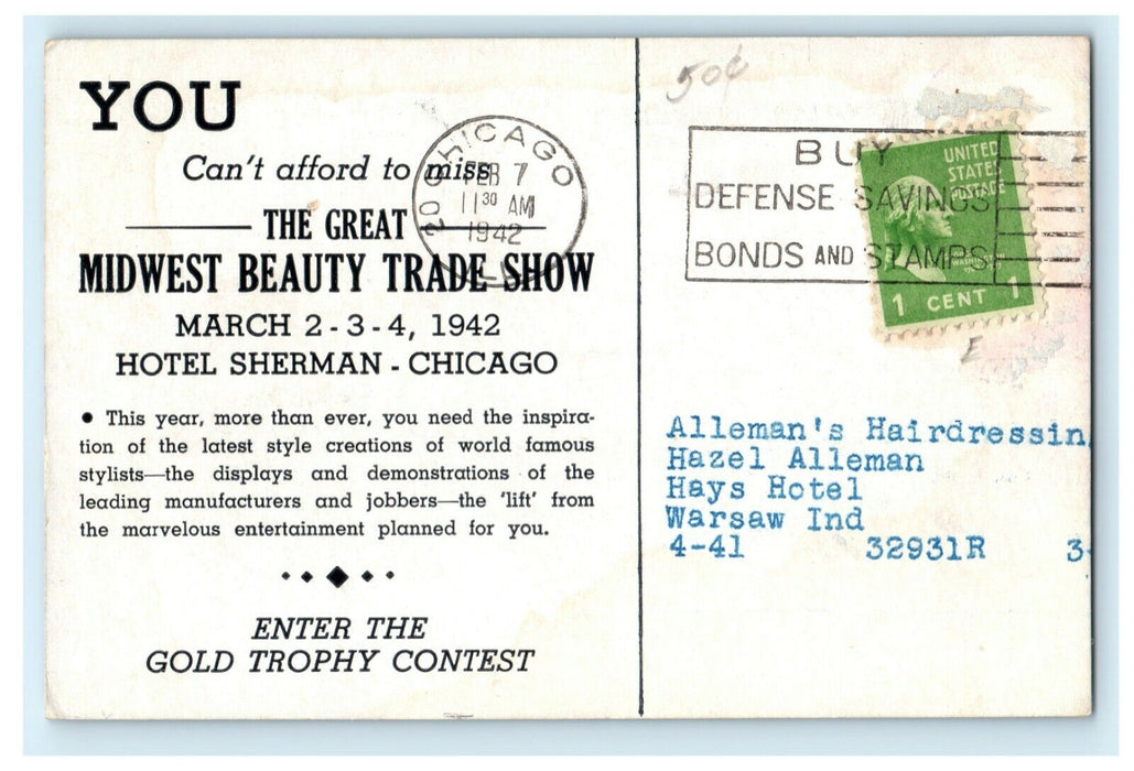 1942 Midwest Beauty Trade Show Advertising Hotel Sherman Chicago IL Postcard