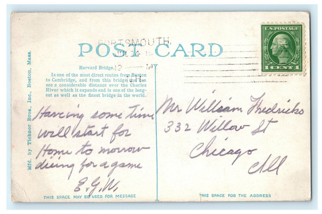 1915 Harvard Bridge, Cambridge Massachusetts MA Posted Vintage Postcard