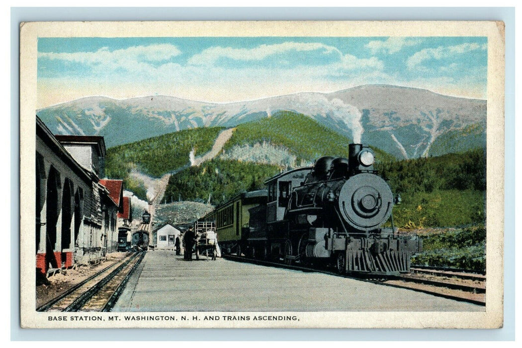 Base Station & Trains Ascending Mt Washington Railway New Hampshire NH Postcard