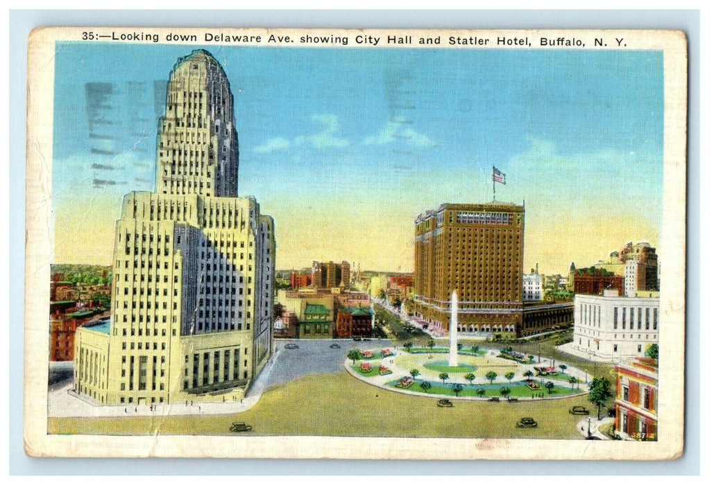 1940 Looking Down Delaware Ave. City Hall And Statler Hotel Buffalo NY  Postcard