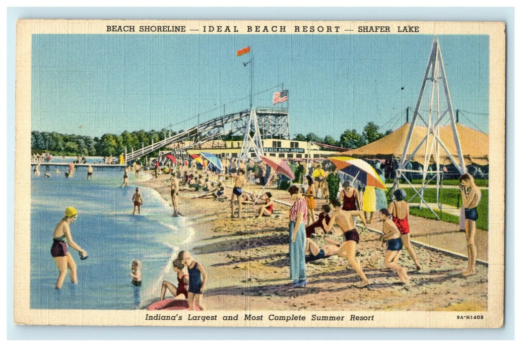 1941 Yeoman IN. Beach Shoreline Ideal Beach Resort, Shafer Lake Postcard