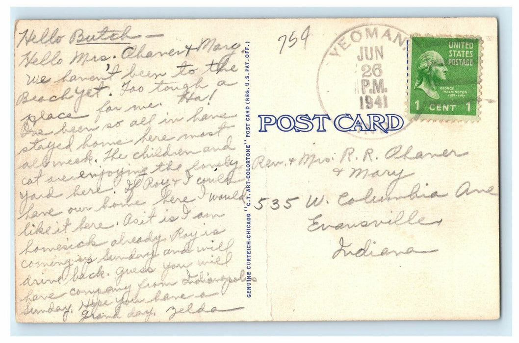 1941 Yeoman IN. Beach Shoreline Ideal Beach Resort, Shafer Lake Postcard