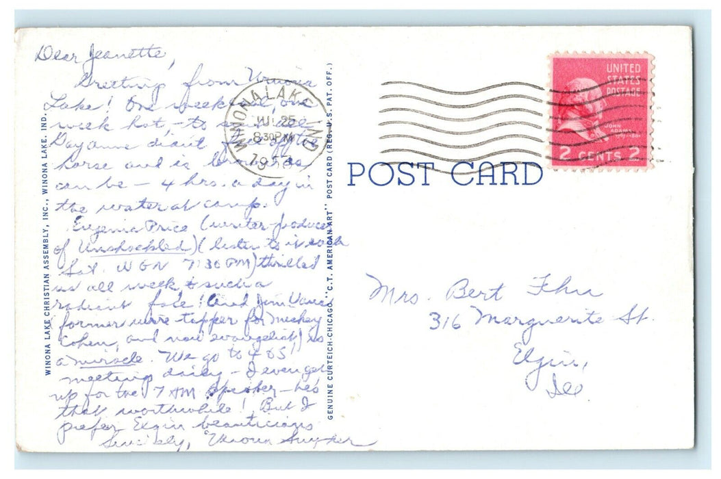 c1953 Winona Hotel Winona Lake Indiana IN Posted Vintage Postcard