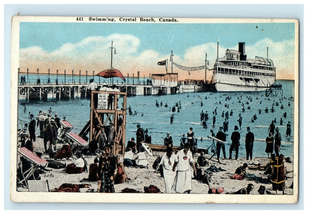 c1910's Swimming In Crystal Beach Canada, Steamer Ship Antique Postcard