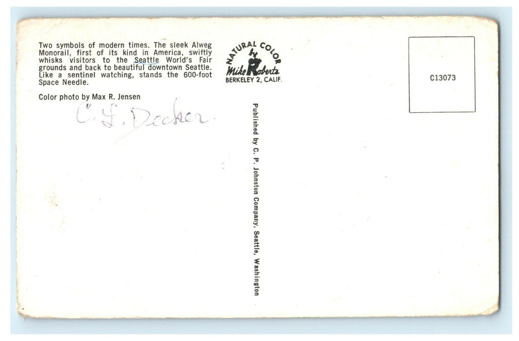 1960 Alweg Monorail from Seattle World Fair in Downtown Seattle, WA Postcard