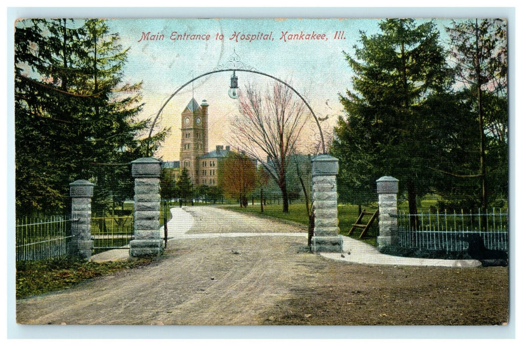1908 Main Entrance to Hospital Kankakee Illinois IL RPO Postcard