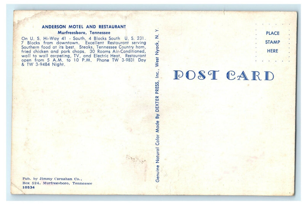 Anderson Motel And Restaurant Postcard Murfreesboro Tennessee TN Postcard