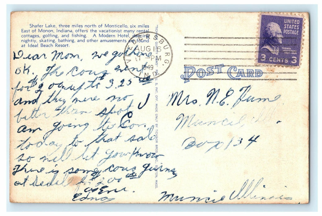 1949 Veedersburg, IN. Ideal Beach Resort, Shafer Lake, IN Postcard