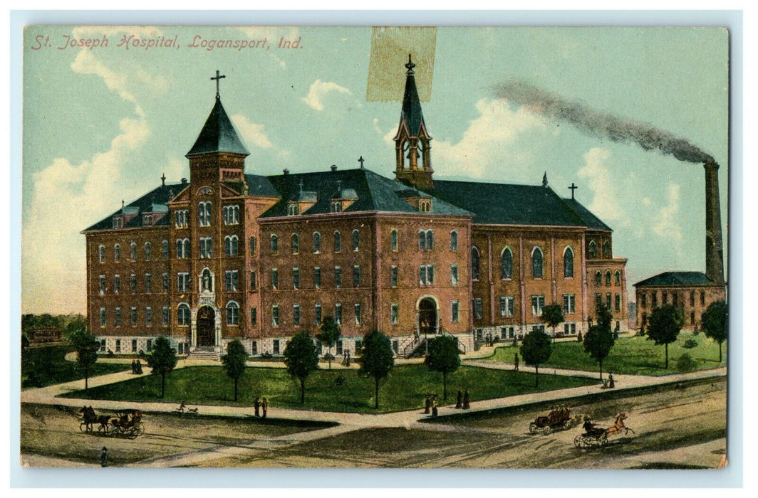 1910 People and Carriage, St. Joseph Hospital, Logansport Indiana IN Postcard