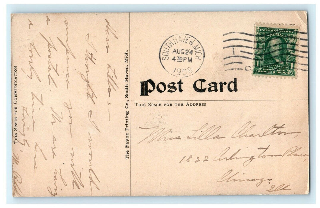 c1908 A Sail By Moonlight South Haven Michigan MI Sailboat Antique Postcard