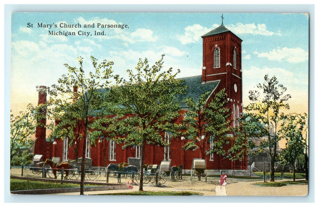 1912 St. Mary's Church and Parsonage, Michigan City, Indiana IN Postcard