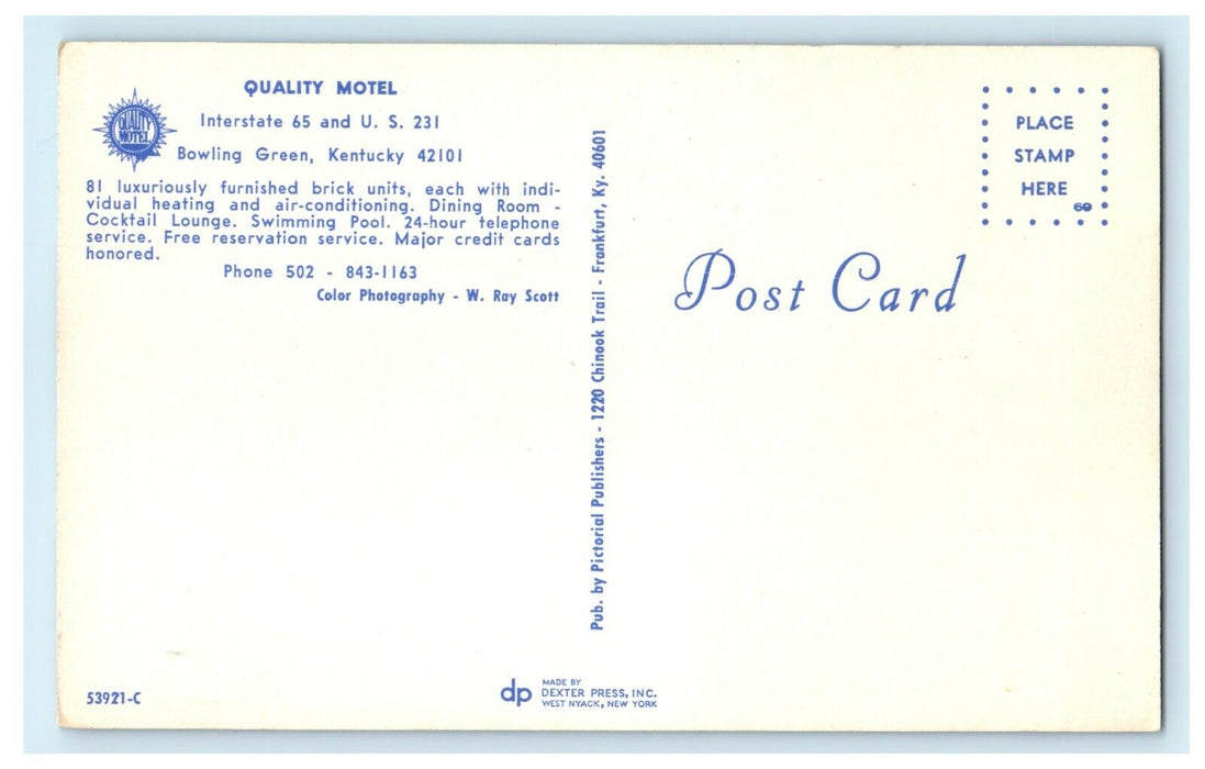 1950 Quality Motel Interstate 65 and U.S. 231 Bowling Green, KY Postcard