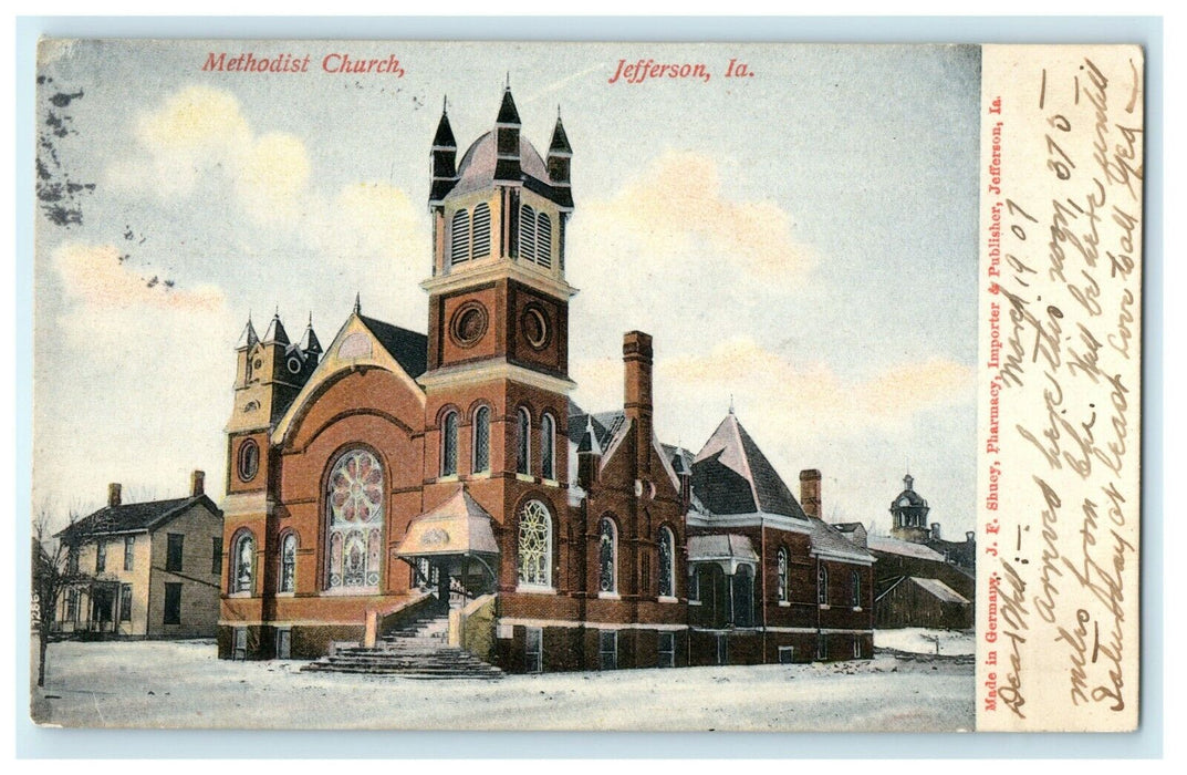 1907 Snow Scene Outside of Methodist Church, Jefferson Iowa IA Postcard