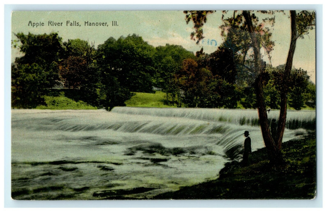 1910 Man Standing in Apple River Falls, Hanover Illinois, IL Postcard