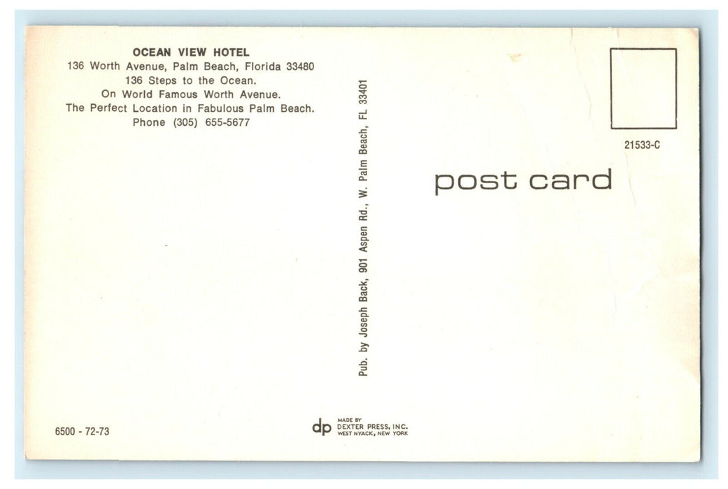 1950 Ocean View Hotel, 136 Worth Avenue, Palm Beach, Florida, FL Postcard