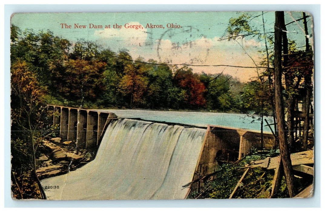 1915 Water Flowing at The New Dam at Gorge, Akron Ohio OH Antique Postcard