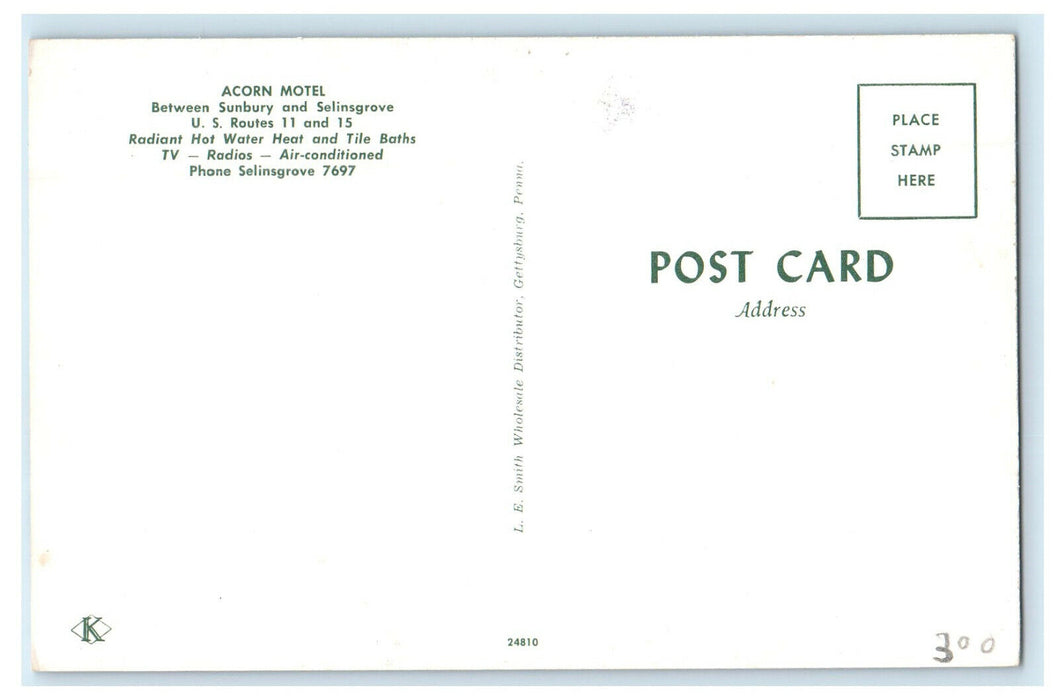 Acorn Motel Between Sunbury and Selinsgrove Pennsylvania PA Unposted Postcard