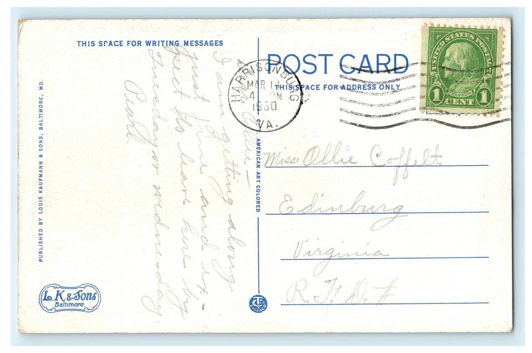 1930 Rockingham Memorial Hospital Harrisonburg Virginia VA Postcard