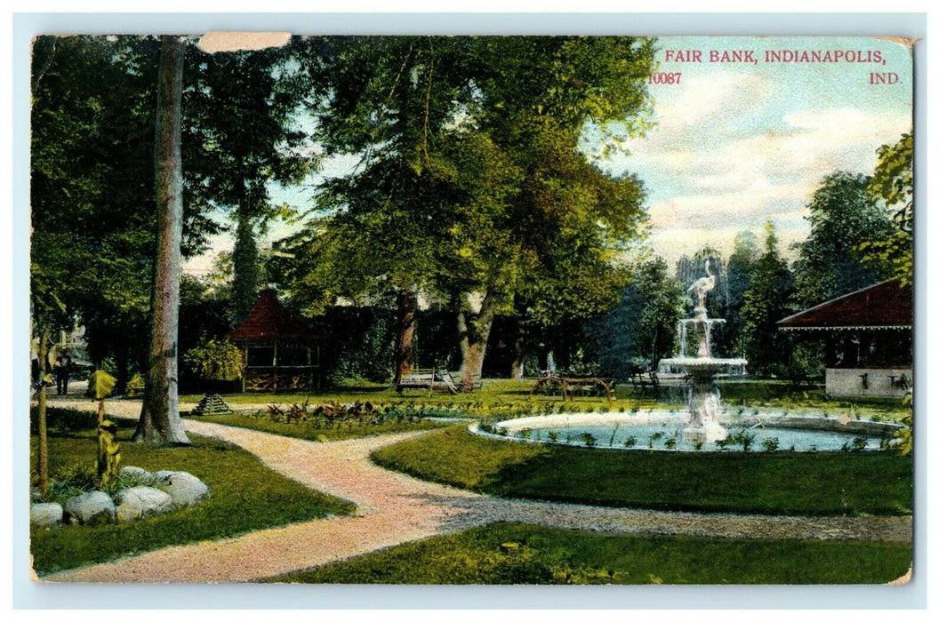 1908 Indianapolis IN. A View of Grass and Fountain at Fair Bank Postcard