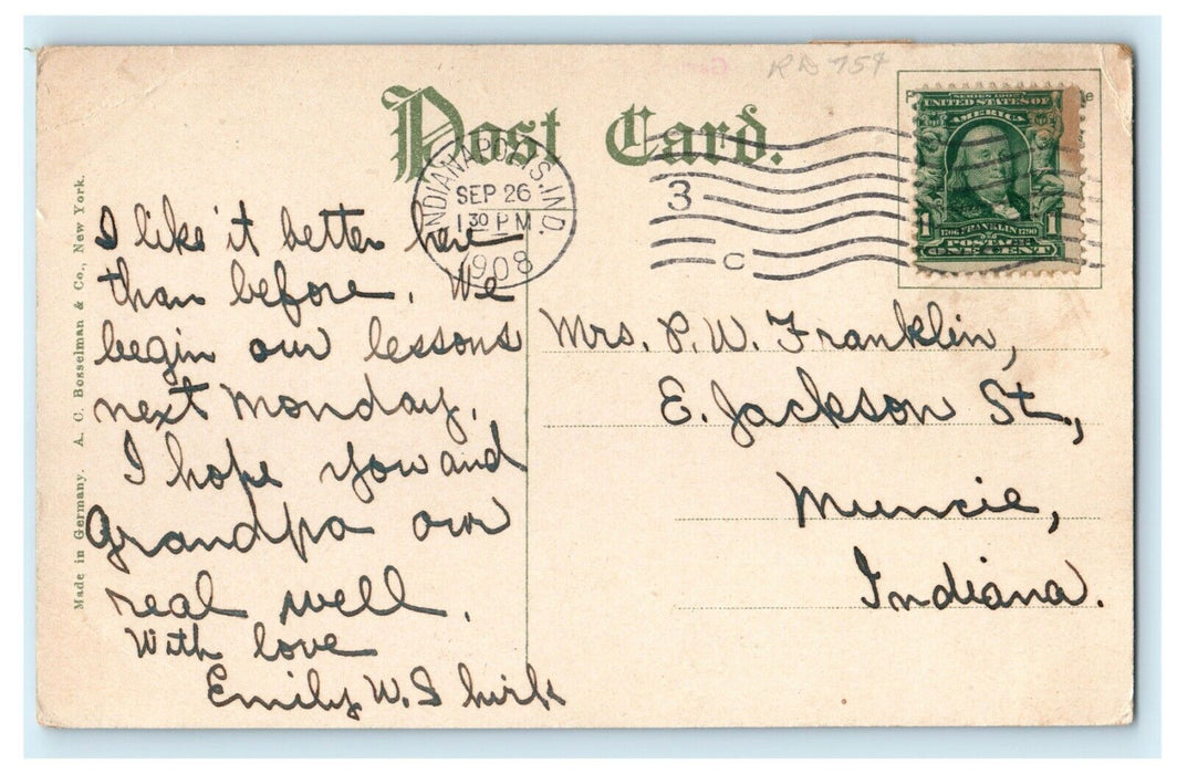 1908 Indianapolis IN. A View of Grass and Fountain at Fair Bank Postcard