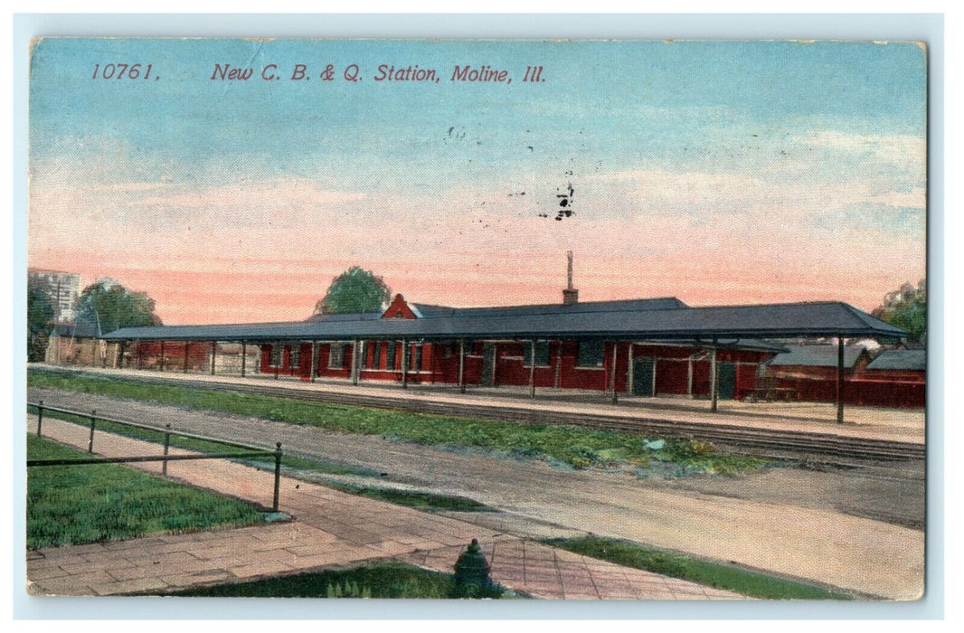 1913 New CB&Q Train Depot Station Moline, Illinois IL Antique Postcard