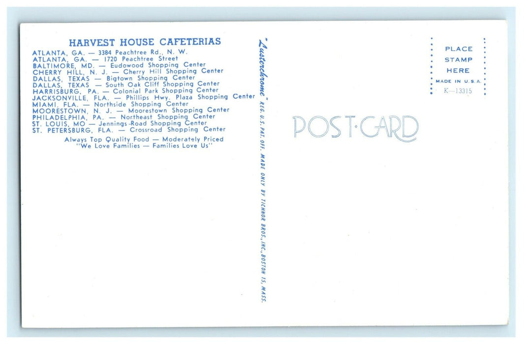 Harvest House Cafeterias Advertising Boston Massachusetts MA Postcard