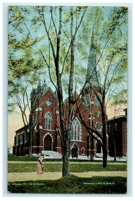 1910 ME Church and Tree View, St Albans, Vermont VT Antique Postcard