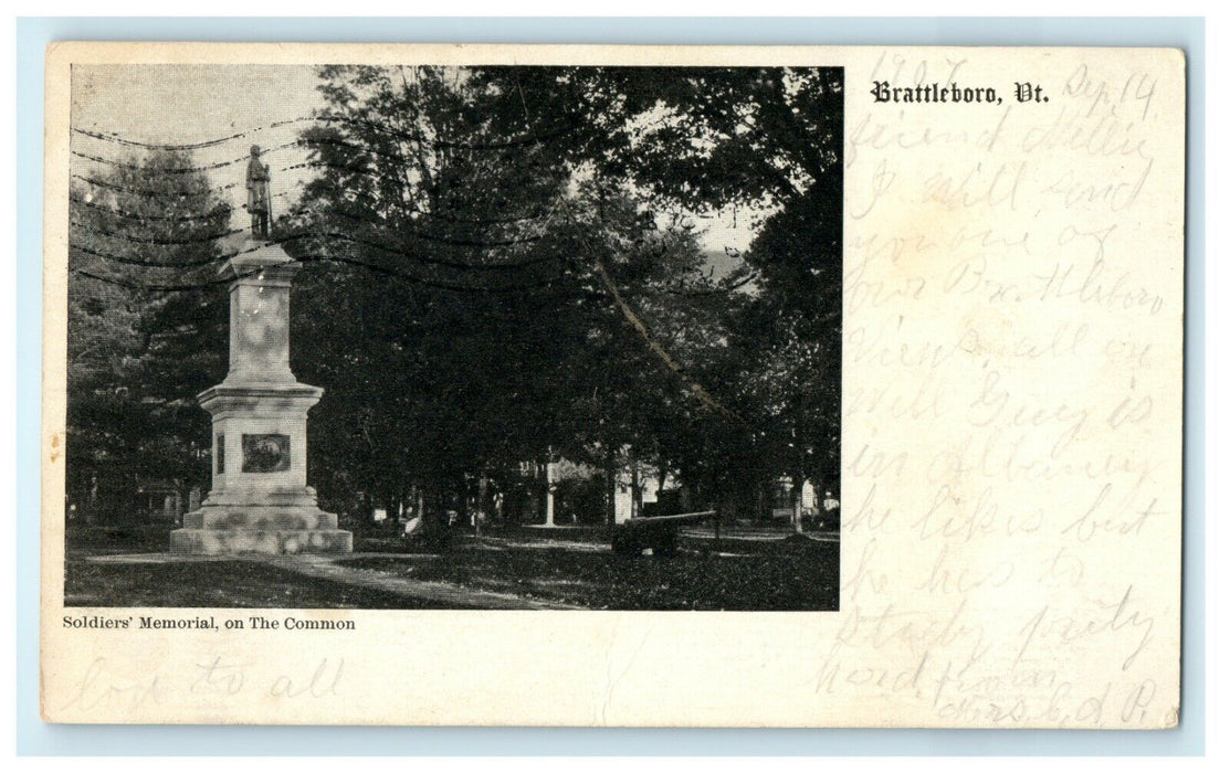 1907 Soldiers Memorial, On The Common, Brattleboro Vermont VT Postcard