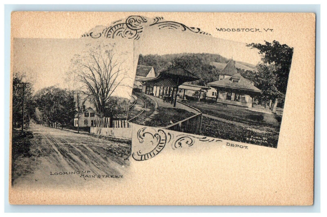 c1905 Railroad Station Depot Looking Up Main Street Woodstock VT Postcard