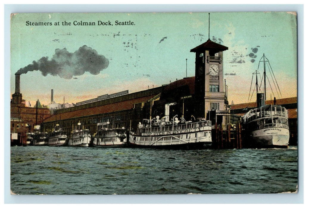 c1912 Steamers At The Colman Boat Dock Seattle Washington WA Antique Postcard