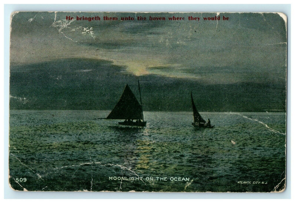 Moonlight On The Ocean Sailboats Atlantic City New Jersey NJ Postcard