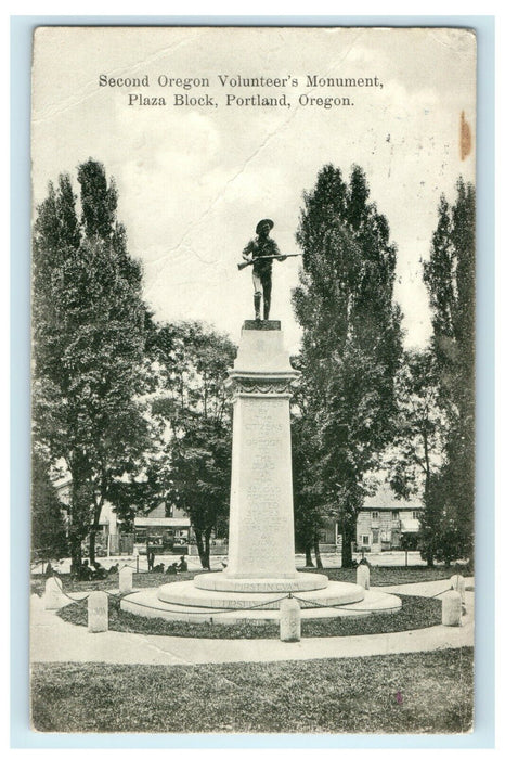 1908 Second Oregon Volunteer's Monument, Plaza Block Portland Oregon OR Postcard