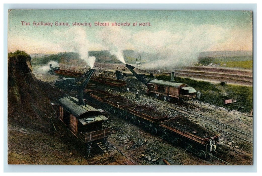 c1905 The Spillway Gatun Steam Shovel At Work Panama Antique Postcard