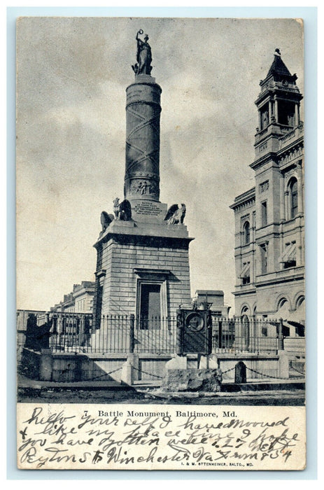 c1901 Battle Monument Baltimore Maryland Winchester Virginia VA Antique Postcard