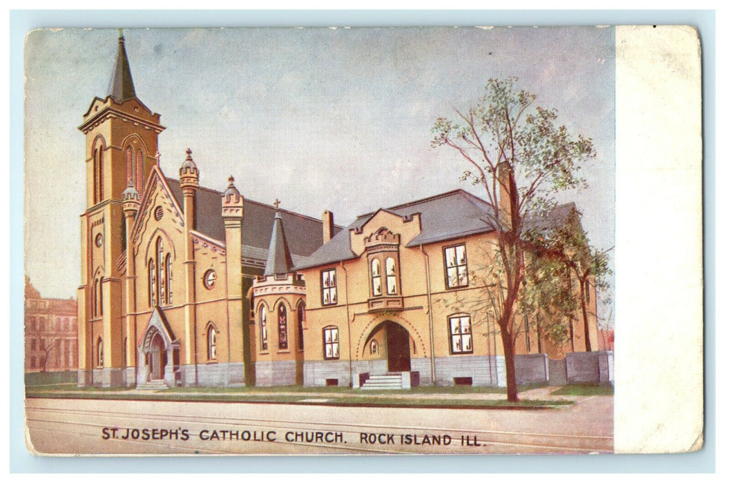 1910 St. Joseph's Catholic Church, Rock Island, Illinois IL Antique Postcard