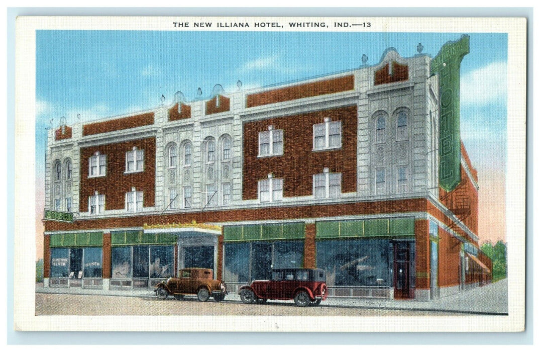 1941 Two Cars in front of The New Illiana Hotel, Whiting, Indiana IN Postcard