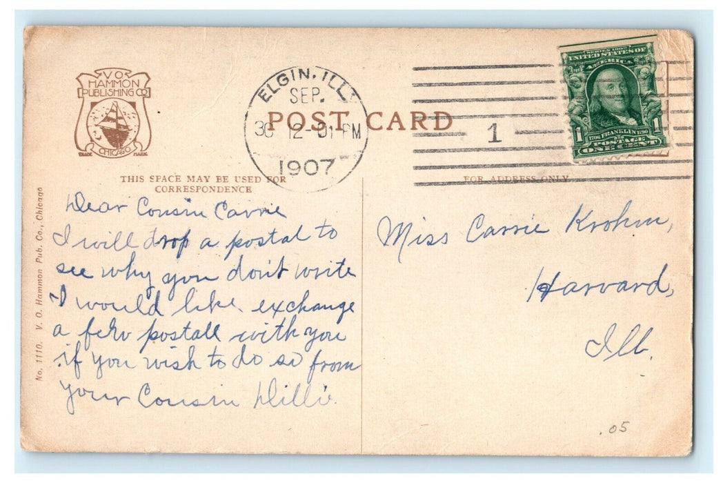 c1907 View On Fox River Elgin Illinois IL Posted Antique Postcard