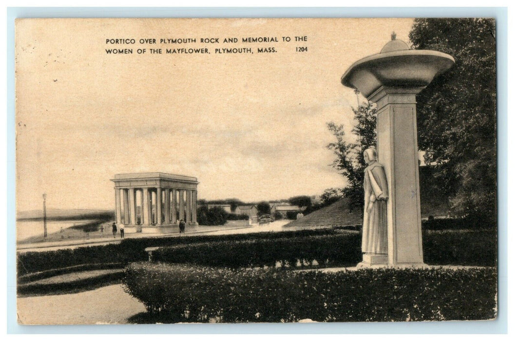 Portico Over Plymouth Rock And Memorial Woman Mayflower Massachusetts Postcard