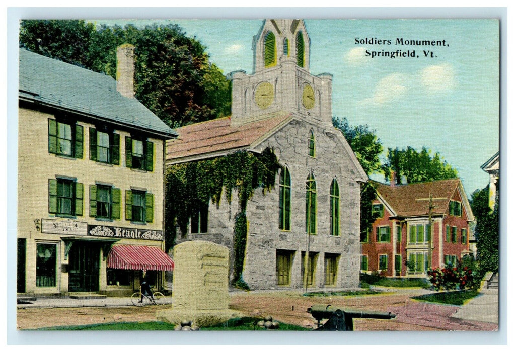 c1910 A View Of Soldiers Monument Springfield Vermont VT Antique Postcard