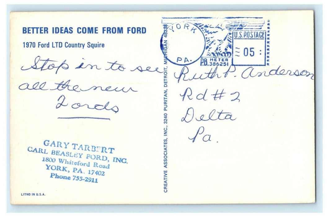 1970 Ford LTD Country Squire Wagon York Pennsylvania PA Advertising Postcard