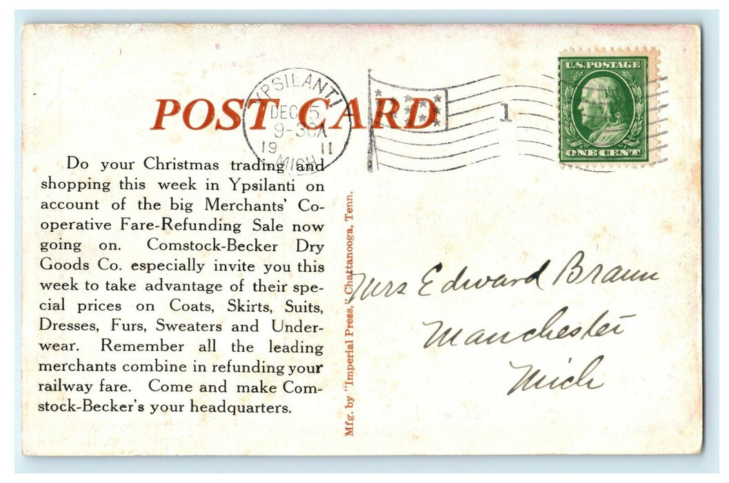 1911 Comstock Becker Co. Advertising Christmas Sale Ypsilanti Michigan Postcard