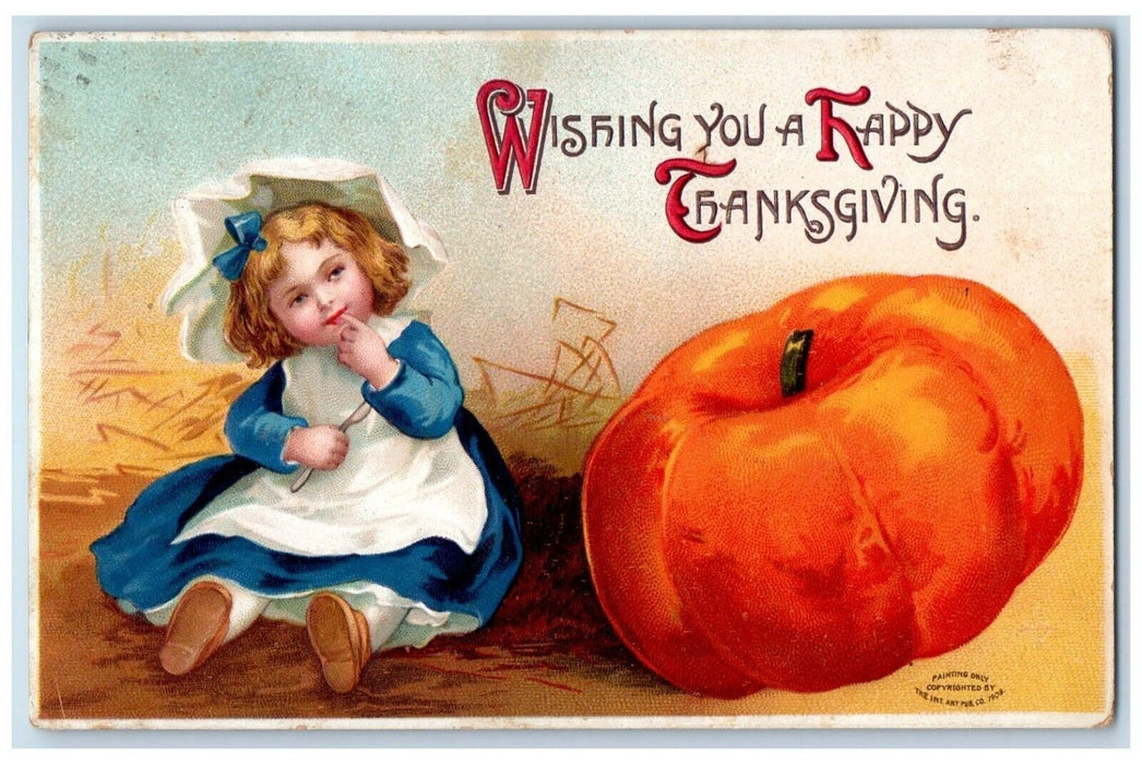 1910 Thanksgiving Little Girl Spoon Big Pumpkin Embossed Clapsaddle Postcard