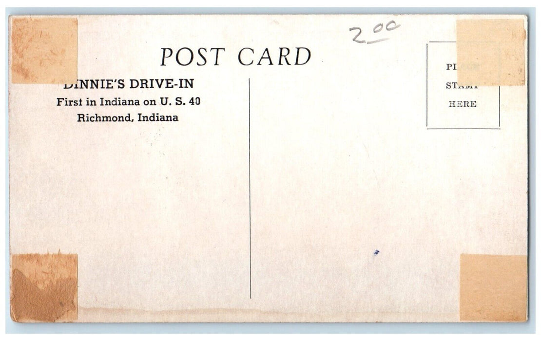 c1910's Dinnie's Drive In First In Indiana Dining Room Richmond IN Postcard