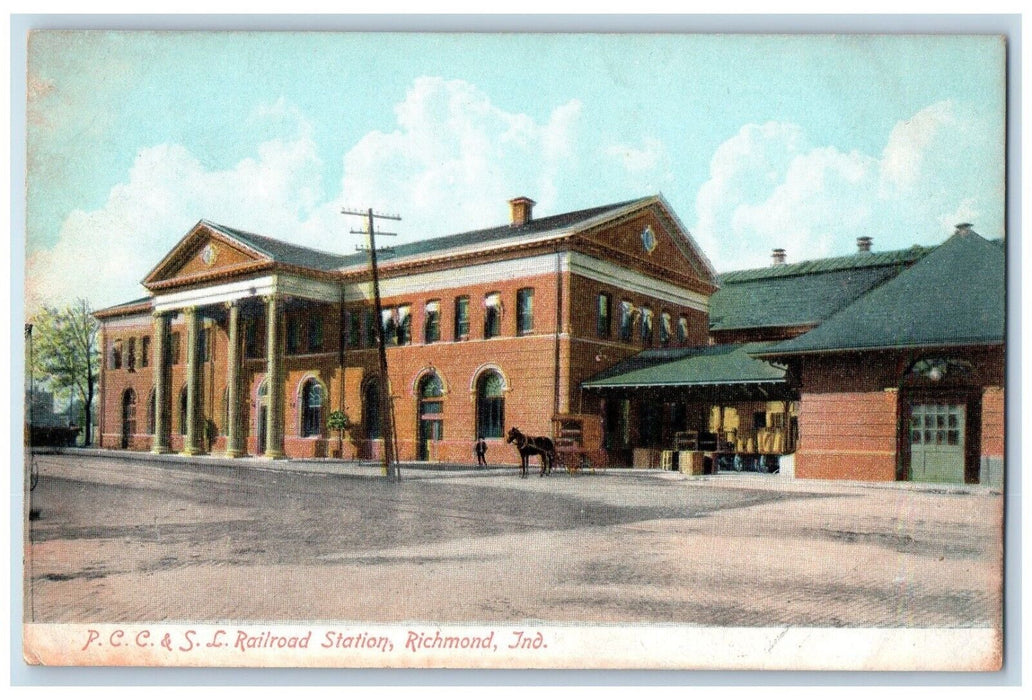 c1910's PCC & SL Railroad Station Horse Carriage Richmond Indiana IN Postcard