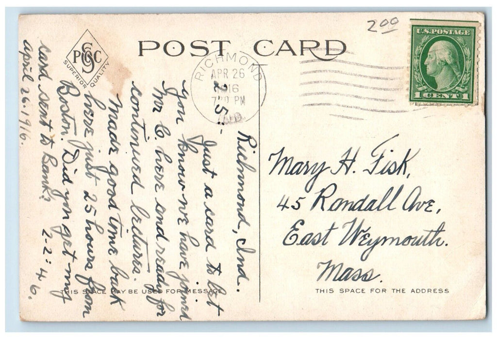 1916 Tenth Street Bridge Over White Water River Richmond Indiana IN Postcard