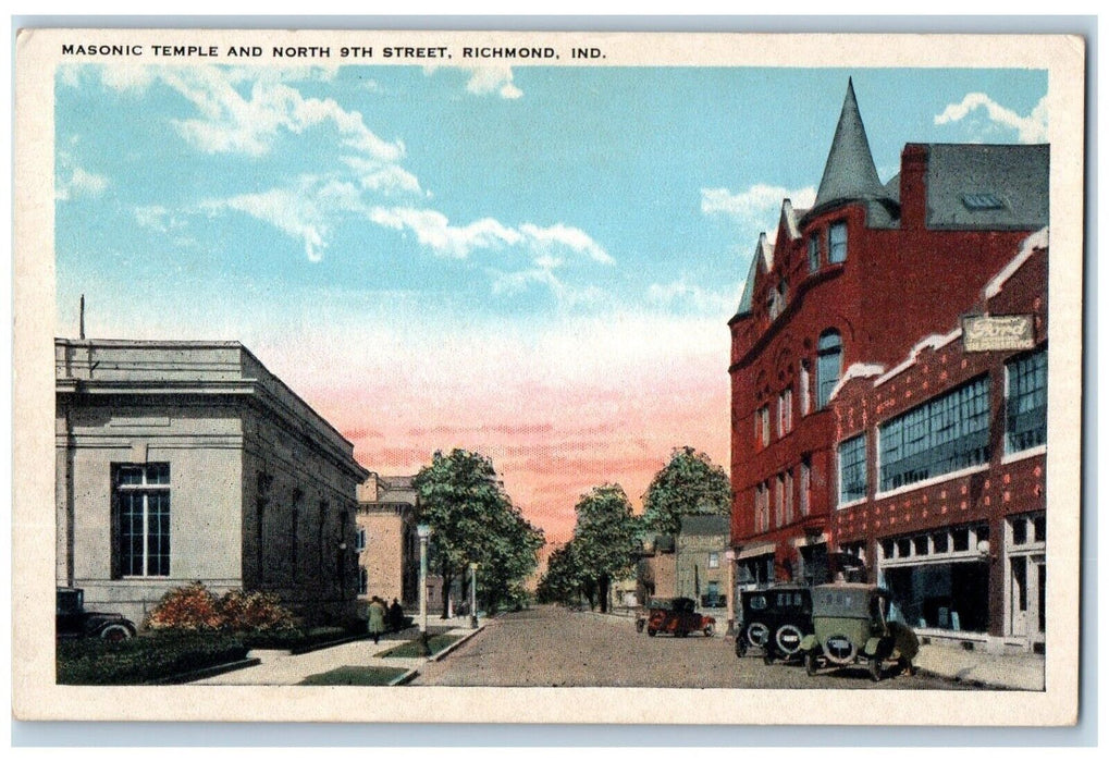 Masonic Temple And North 9th Street Cars Ford Richmond Indiana IN Postcard